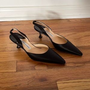 Vintage Satin Black Manolo Blahnik Slingback Kitten Heels